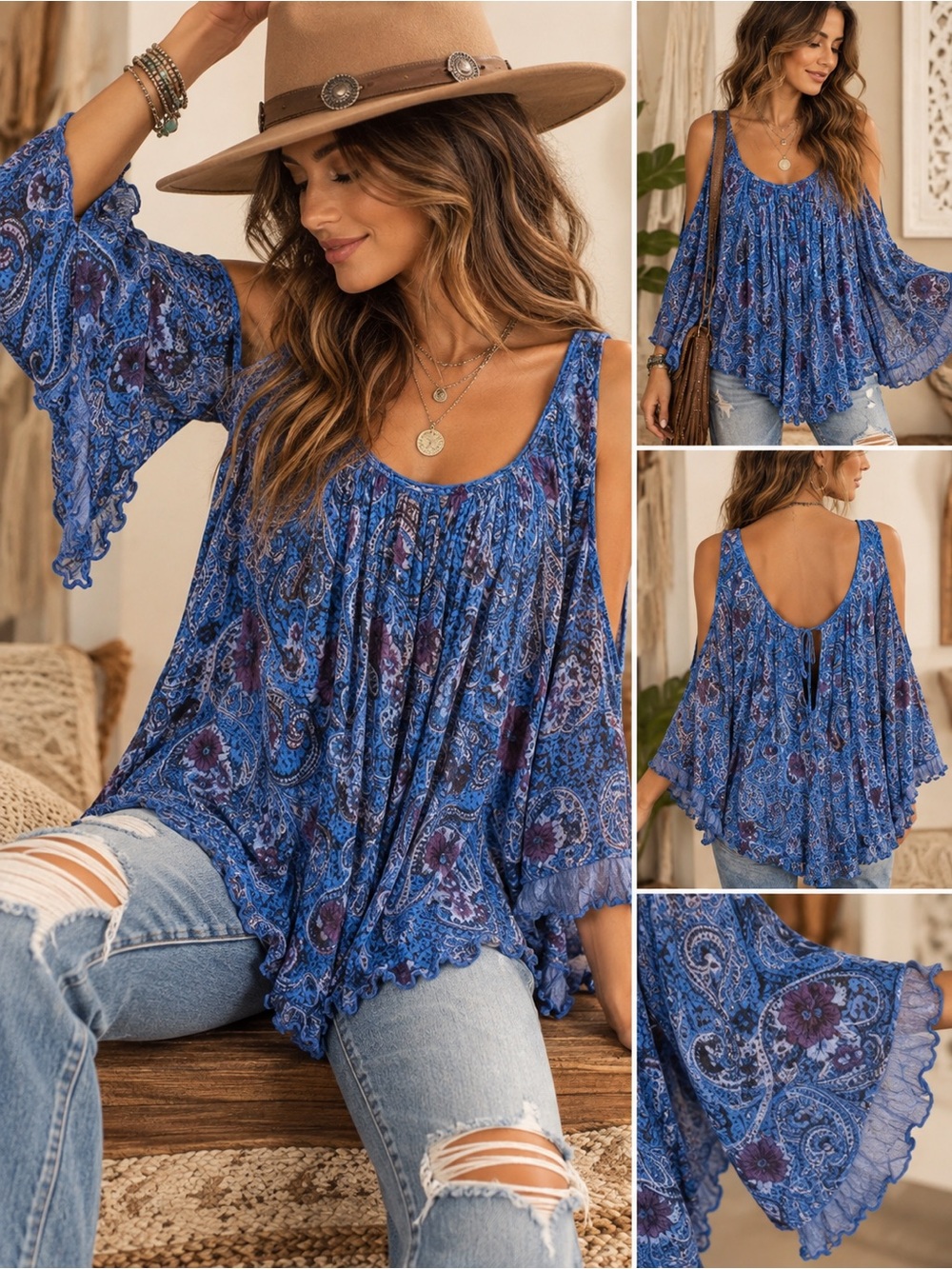 Free People Blue Paisley Cold-Shoulder Bell-Sleeve Tunic oversized Small